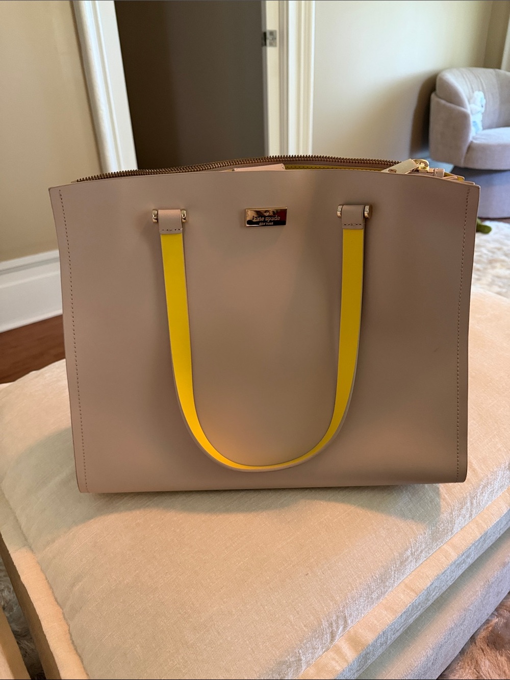 kate spade taupe tote with yellow handles